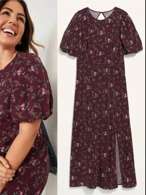 Old Navy Short Puff Sleeve Burgundy Floral Maxi Dress Slit Size XXL Smocked Back